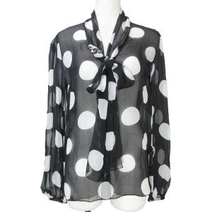 シルク100% 長袖 シャツ ブラウス リボンタイ ドット 水玉 ロゴ 38 S相当 黒 白 IBO53 X