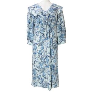 90s ワンピース ひざ丈 シルク ヴィンテージ 7分袖 花柄 リボン 11 L相当 ブルー 青 X