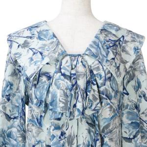 Christian Dior 90s ワンピース ひざ丈 シルク ヴィンテージ 7分袖 花柄 リボン 11 L相当 ブルー 青 X