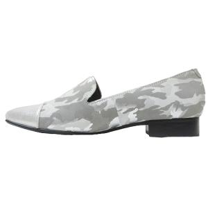 REGAL 美品 スリッポン フラットシューズ F25MAC レザー 羊革 箔加工 カモフラ 迷彩 スクエアトゥ つま先切替 靴 グレー系