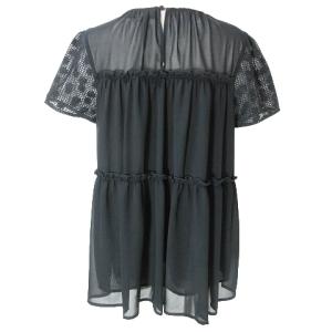 M'S GRACY 美品 総柄 レース 半袖 チュニック ブラウス プルオーバー フラワー刺繍 ティアード 40 L相当 黒 ブラック X