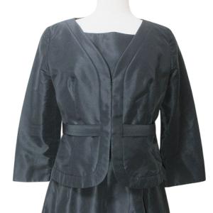 SYBILLA 美品 アンサンブル ブラックフォーマル 喪服 ジャケット 七分袖 ワンピース ひざ丈 ノースリーブ ウエストリボン 光沢 M