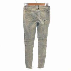 BALMAIN バイカーデニムパンツ ジーンズ スリムストレッチ ボタンフライ ゴールド金具 ダメージ加工 裾ジップ 34 XS 水色 ライトインディゴ