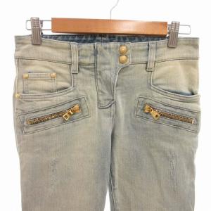 BALMAIN バイカーデニムパンツ ジーンズ スリムストレッチ ボタンフライ ゴールド金具 ダメージ加工 裾ジップ 34 XS 水色 ライトインディゴ