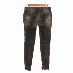 BALMAIN バイカーデニムパンツ ジーンズ スリムストレッチ ボタンフライ ゴールド金具 ダメージ加工 裾ジップ 34 XS グレー