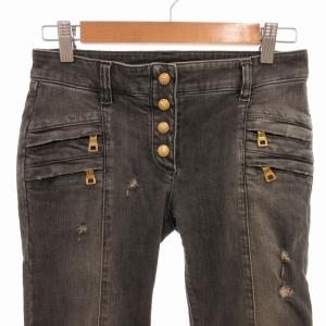BALMAIN バイカーデニムパンツ ジーンズ スリムストレッチ ボタンフライ ゴールド金具 ダメージ加工 裾ジップ 34 XS グレー