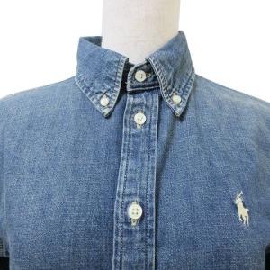 RALPH LAUREN ワンポイント ロゴ デニム シャツワンピース ロング 長袖 ボタンダウン XS 青 ブルー X