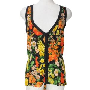 美品 ノースリーブ カットソー 花柄 異素材 シルク コットン ウエストリボン 40 M相当 ブラック オレンジ イエロー