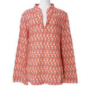 長袖 ブラウス シャツ プルオーバー キーネック 総柄 スパンコール 6 日本サイズL相当 赤系 GY14 X