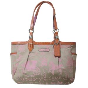 F15144 ハンドバッグ ギャラリーホースアンドキャリッジ キャンバス レザー ロゴ 総柄 鞄 チャーム ベージュ ピンク