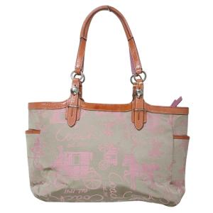 COACH F15144 ハンドバッグ ギャラリーホースアンドキャリッジ キャンバス レザー ロゴ 総柄 鞄 チャーム ベージュ ピンク