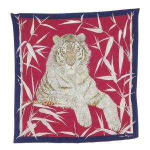 大判 スカーフ シルク100% トラ柄 花柄 青赤系 GY14 X