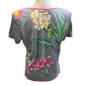 LEONARD 美品 半袖 カットソー フラワー 花柄 肩パッド クルーネック 薄手 Lサイズ グレー ORG