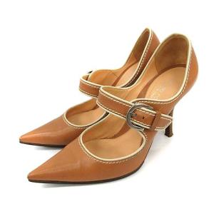 パンプス ハイヒール ピンヒール ストラップ ポインテッドトゥ レザー 35 22.0cm 茶 ブラウン