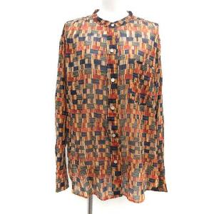 18AW ブラウス シャツ 長袖 バンドカラー 総柄 シアー シースルー 38 茶 ブラウン