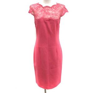 ワンピース ドレス ひざ丈 半袖 レース USA8 ウール L ピンク