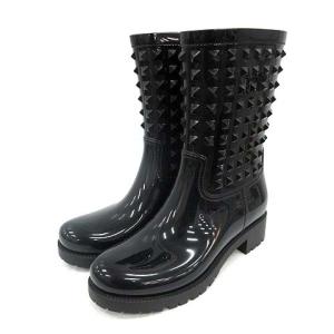 レインシューズ 長靴 ロックスタッズ ラバー チャンキーヒール ローヒール 黒