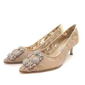 35.5 22cm パンプス ハンギシ HANGISI ヒール レース ポインテッドトゥ ビジュー ピンクベージュ