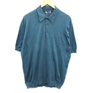 ポロシャツ ニット 半袖 無地 コットン L 青 ブルー