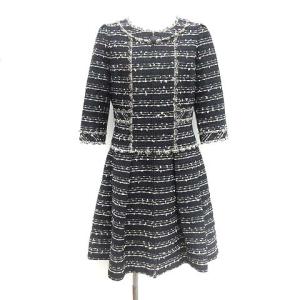 17SS ラメファンシーツイードドレス ワンピース ひざ丈 七分袖 ツイード ジップアップ 42 XL 紺 ネイビー