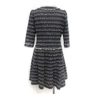 TO BE CHIC 17SS ラメファンシーツイードドレス ワンピース ひざ丈 七分袖 ツイード ジップアップ 42 XL 紺 ネイビー