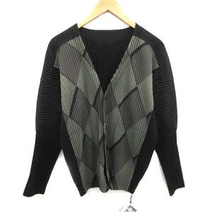 カーディガン アーガイル柄 Vネック プリーツ 長袖 3 L 黒 ブラック カーキ
