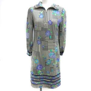 ワンピース ひざ丈 長袖 千鳥柄 花柄 34 ホワイト ブラック パープル