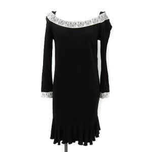 ワンピース ひざ丈 長袖 プリント I42 L 黒