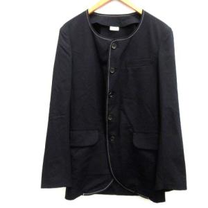 AD2016 S ウールステッチワーク ノーカラー ジャケット 紺 ネイビー