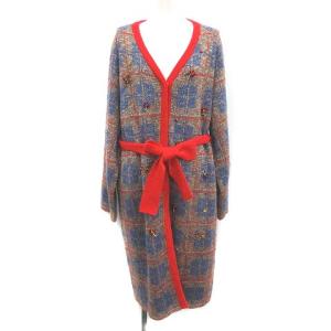 19AW カーディガン ロング ニット ガウン ビジュー チェック 長袖 38 赤 青 グレージュ