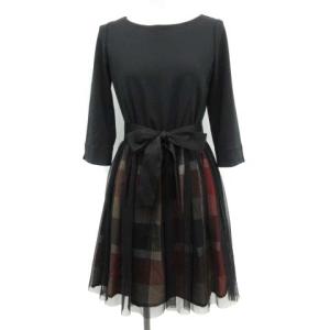 17SS ワンピース ひざ丈 チュール 長袖 チェック リボン