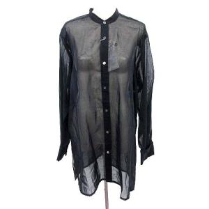 シースルー シアー ブラウス シャツ 長袖 バンドカラー F 濃紺