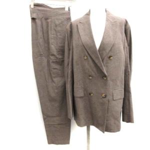 6 ROKU 36 S セットアップ 上下 スーツ ダブルピークドラペルチェックジャケット パンツ リネン混 茶 ブラウン