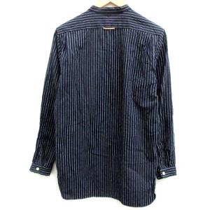 YAECA シャツ スタンドカラー プルオーバー ヘンリーネック ストライプ リネン混 長袖 紺 ネイビー