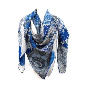 18SS スカーフ ストール ショール カレ140 侍の鎧兜 Parures de Samourais シルク カシミヤ 青 ブルー グレー /KH ■OH