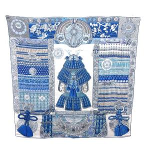 HERMES 18SS スカーフ ストール ショール カレ140 侍の鎧兜 Parures de Samourais シルク カシミヤ 青 ブルー グレー /KH ■OH