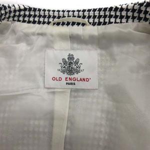 OLD ENGLAND スーツ セットアップ 上下 ノーカラージャケット ひざ丈スカート 千鳥格子 34 XS 紺 白 ネイビー ホワイト