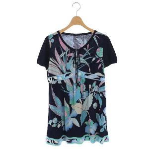 チュニック カットソー 半袖 プルオーバー 花柄 クルーネック リボン M 紺