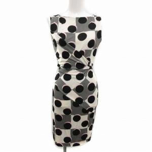 ワンピース ノースリーブ ひざ丈 ドット シルク ウエストリボン ボートネック プルオーバー 0 XS ホワイト グレー