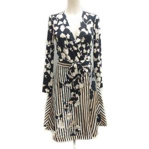 ラップワンピース ひざ丈 長袖 総柄 花柄 フローラル ストライプ シルク 0 XS 紺 アイボリー