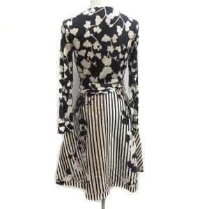 DIANE von FURSTENBERG ラップワンピース ひざ丈 長袖 総柄 花柄 フローラル ストライプ シルク 0 XS 紺 アイボリー