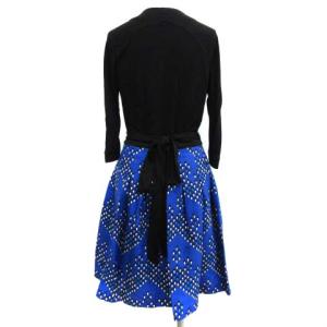 DIANE von FURSTENBERG 0 XS ラップワンピース ひざ丈 シルク混 総柄 七分袖 ブルー ブラック