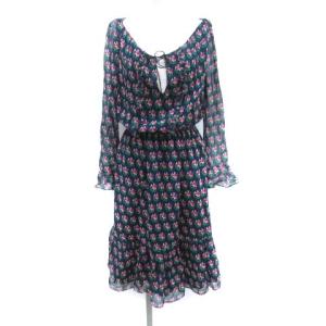 ワンピース ひざ丈 長袖 花柄 フローラル シースルー シアー シルク 2 M ネイビー ピンク