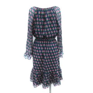 DIANE von FURSTENBERG ワンピース ひざ丈 長袖 花柄 フローラル シースルー シアー シルク 2 M ネイビー ピンク