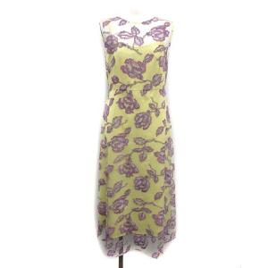 19SS ワンピース ドレス ロング ノースリーブ フラワー刺繍チュールOP フローラル 花柄 38 M 黄色 紫