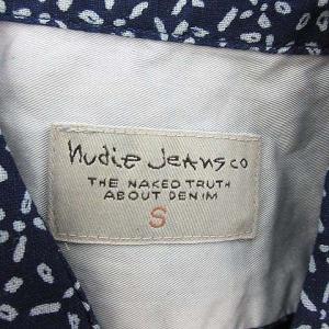 Nudie Jeans カジュアルシャツ 長袖 総柄 麻 リネン S 紺 ネイビー 青 ブルー