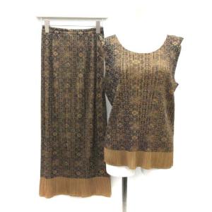 セットアップ 上下 総柄 プリーツ カットソー ノースリーブ スカート ロング 黒 ベージュ