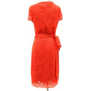 DIANE von FURSTENBERG ラップワンピース カシュクール フレア レース 半袖 2 M 朱色