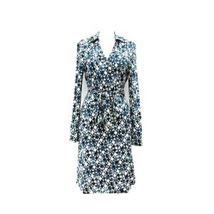 カシュクールワンピース ひざ丈 長袖 シルク 総柄 4 S ブルー ホワイト