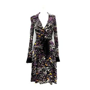 カシュクールワンピース ラップワンピース ひざ丈 長袖 シルク 総柄 2 S マルチカラー